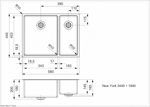 Кухонная мойка из нержавеющей стали Reginox New York L 34х40+18х40 код 101509